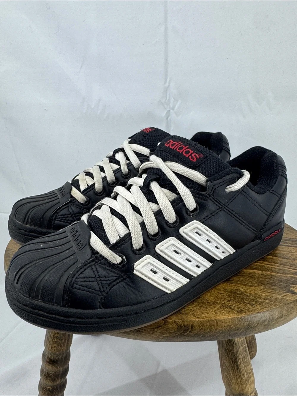 adidas Youth Boys Superstar II Skate Black Leather Sneakers w/ Red Branding, 4.5